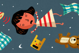 girl falling through the sky with bed, hat, pillow and teddy bear