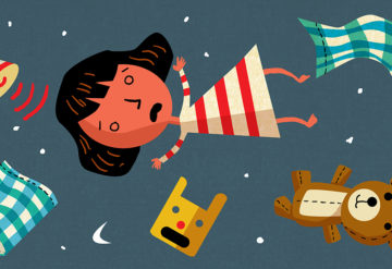 girl falling through the sky with bed, hat, pillow and teddy bear