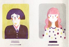 An illustration of painted faces lined up like a yearbook