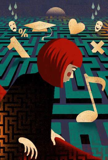 Image of a seated girl starring behind her into a mysterious, maze-like background. Image suggests uncertainty and doubt.
