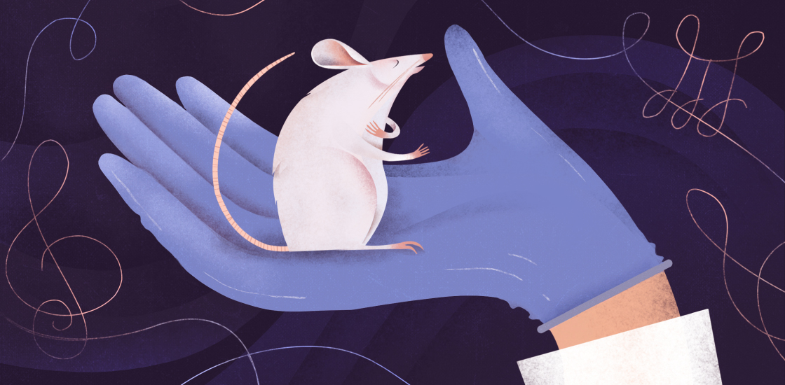 Illustration: A white mouse sits on a gloved-hand. The mouse is posing as if giving a speech.