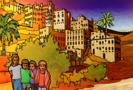 Illustration shows doctors in Libya looking at a city, with children standing in the foreground.