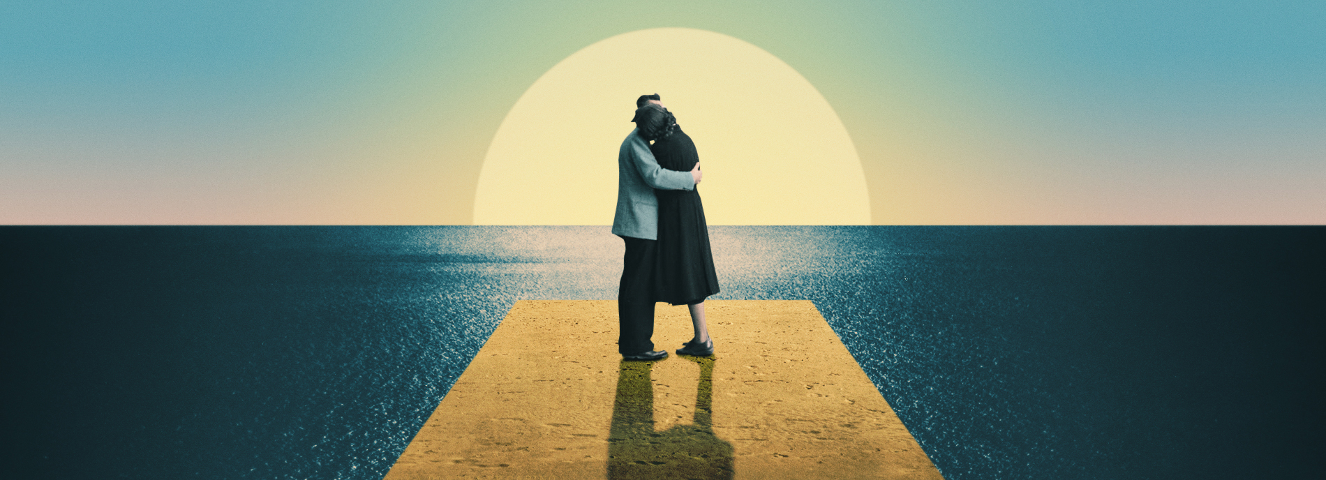A man and woman kiss under a sunset within a surreal environment, suggesting the surreal nature of studying romantic love within the autism spectrum.