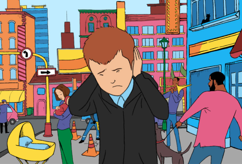 Illustration: A young boy stands in the foreground, covering his ears and looking distressed. Behind him, there's a bustling city with lots of noise.