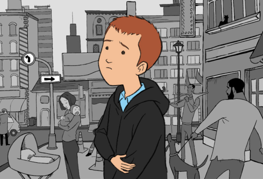 Illustration: the same young boy looks up, concerned. Behind him, the same bustling city is cast in grey tones.