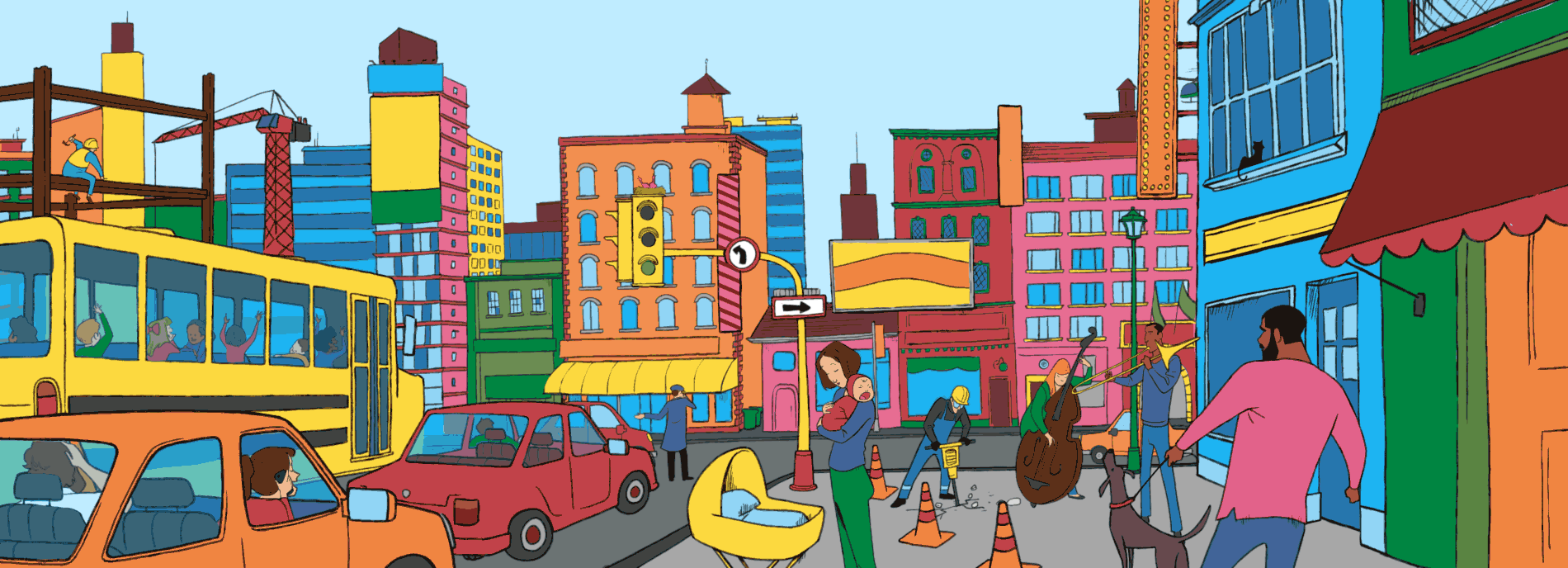 Animation: A woman holding a crying baby stands on a busy street corner. Around her, there are cars driving, people walking, a bustling city.