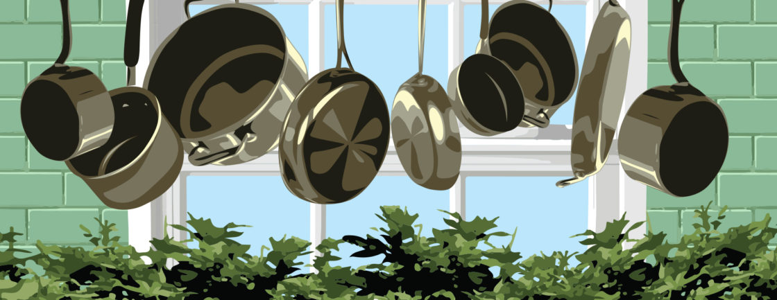 Image of pots and pans hanging from the ceiling. This is meant to be a visual pun, because marijuana is also known as 'pot'.