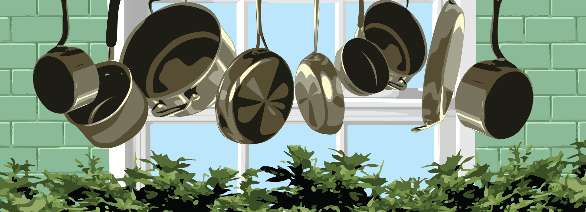 Image of pots and pans hanging from the ceiling. This is meant to be a visual pun, because marijuana is also known as 'pot'.