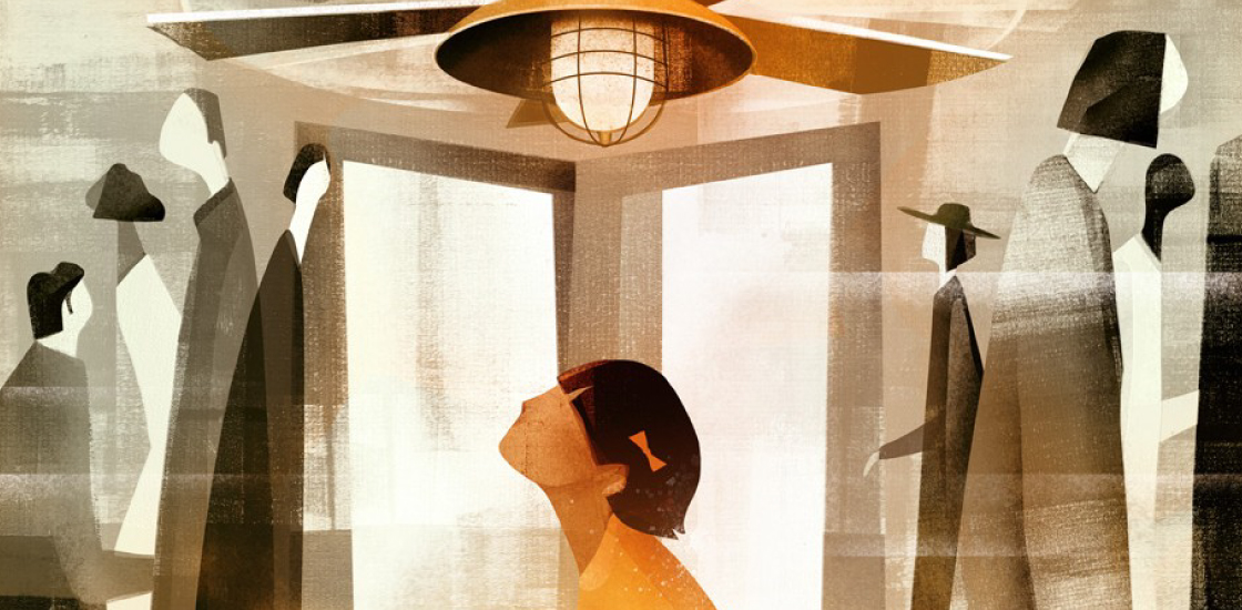 Illustration: A child looks up at an overhead light while less saturated figures walk around her.