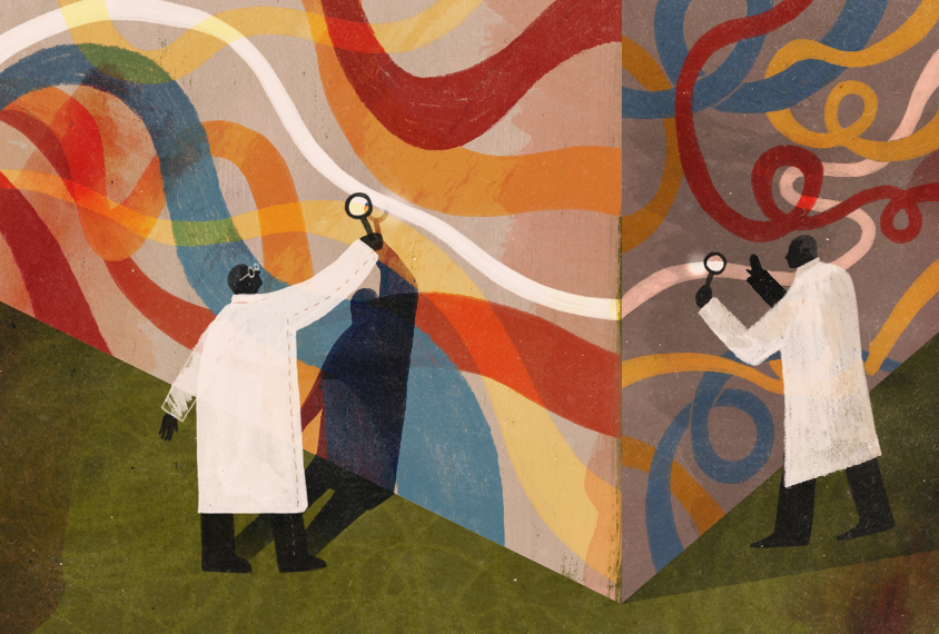 Illustration of doctors examining pathways in closer detail.