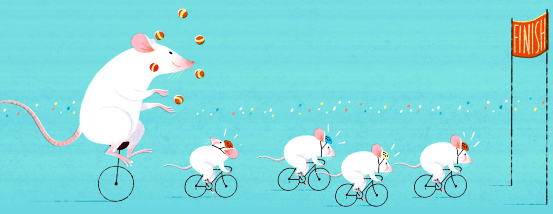 Four white mice bike ahead of a white rat, who is juggling on a unicycle; suggesting that rats can do more for research than mice.