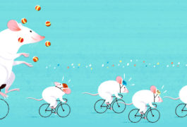 Four white mice bike ahead of a white rat, who is juggling on a unicycle; suggesting that rats can do more for research than mice.