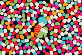 A small boy is surrounded by pills, evoking a sense that we are giving individuals on the spectrum too many psychiatric drugs.