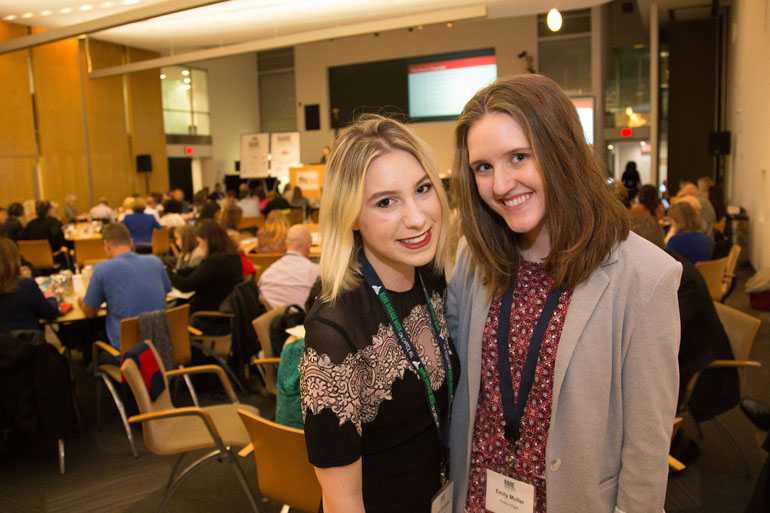Shira Strongin, left, and Emily Muller, right, pose at the Rare Disease Legislative Advocates conference in Washington, D.C., on 28 February 2017.