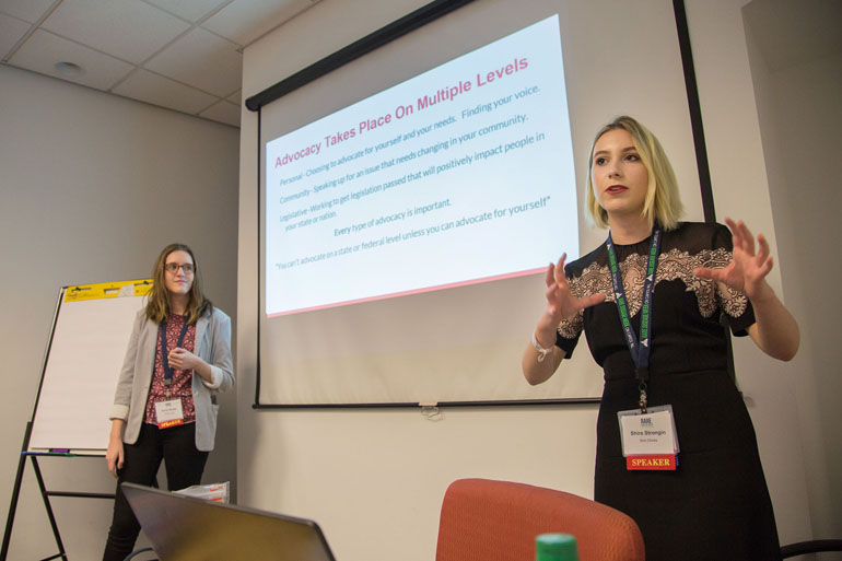 Emily Muller, left, and Shira Strongin, right, give their presentation on advocacy at the Rare Disease Legislative Advocates conference in Washington, D.C., on February 28, 2017. (H. Darr Beiser/for Kaiser Health News)