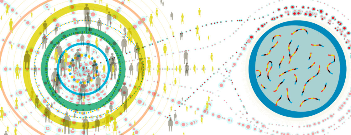 Illustration showing large group of people in a shape suggestive of a GWAS visual, connected to a pertri dish. The image is suggestive of large scale genetics research.