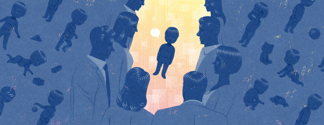 Illustration: a child stands in the center of a crowd, looking confused.