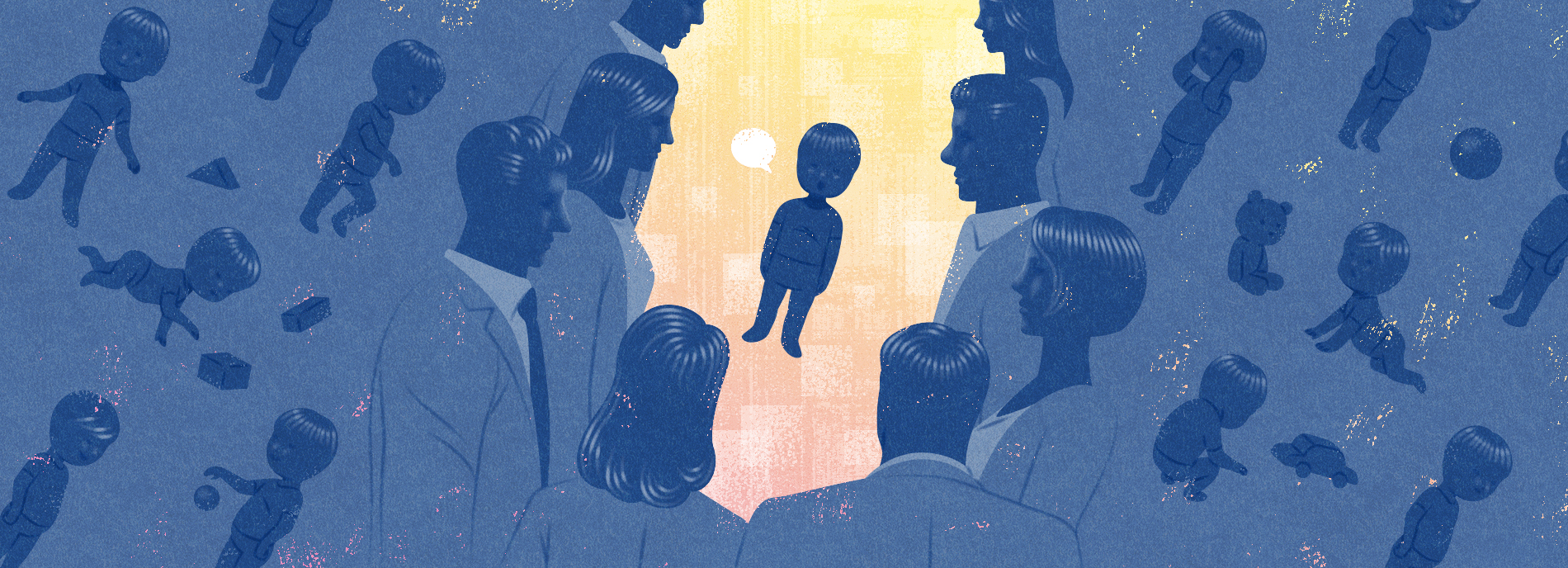 Illustration: a child stands in the center of a crowd, looking confused.