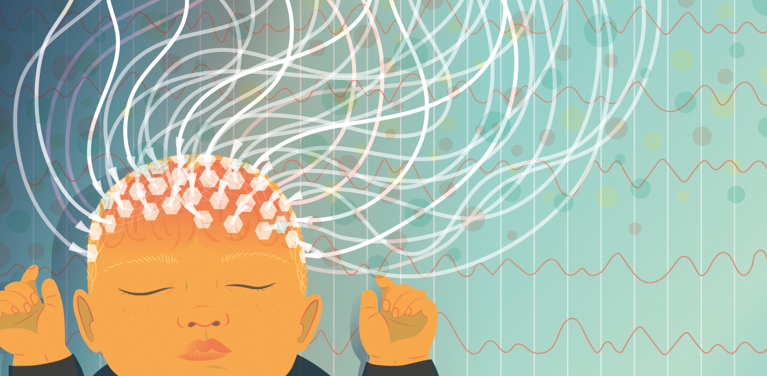 Illustration of baby with an EEG cap.