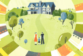Illustration of family approaching home with hope and expectation.