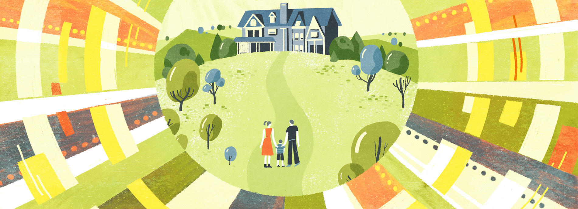Illustration of family approaching home with hope and expectation.