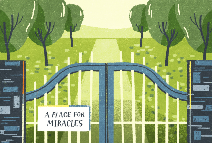 illustration of gate closed with sign "a place for miracles"