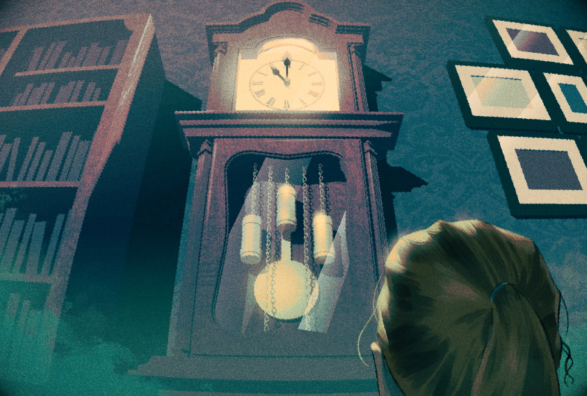 Illustration shows a girl gazing anxiously at a large grandfather clock.
