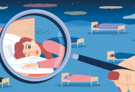 Illustration of a room full of people napping, with a magnifying glass on one person who cannot fall asleep.