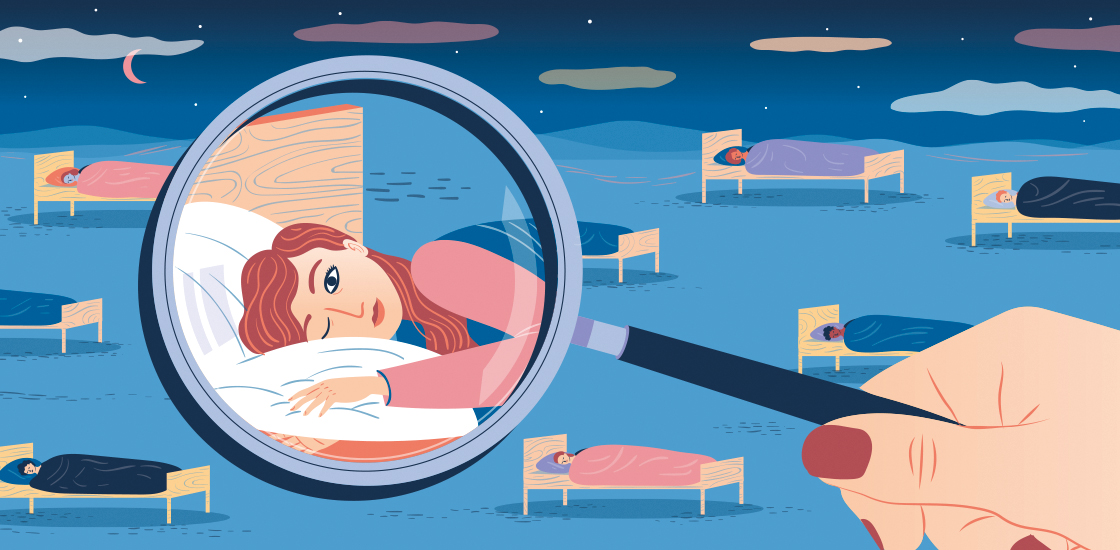 Illustration of a room full of people napping, with a magnifying glass on one person who cannot fall asleep.