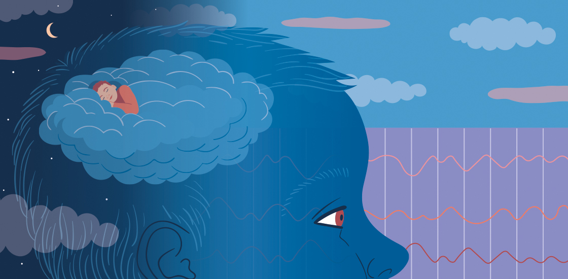 Illustration shows child's head, with an EEG background, and a sleeping figure floating in the clouds above his head.
