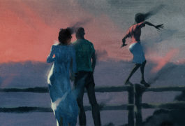 Illustration: Parents looking over a railing into a river, while a child balances on the railing beside them.