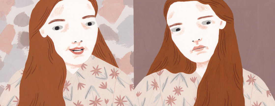 illustration: a woman looking happy on the left and sad or serious on the right.