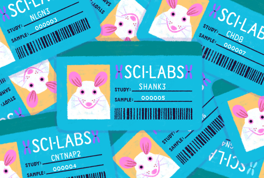 Illustration shows a pile of lab mice ID cards.