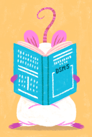 Illustration shows a mouse reading a copy of the DSM-5.