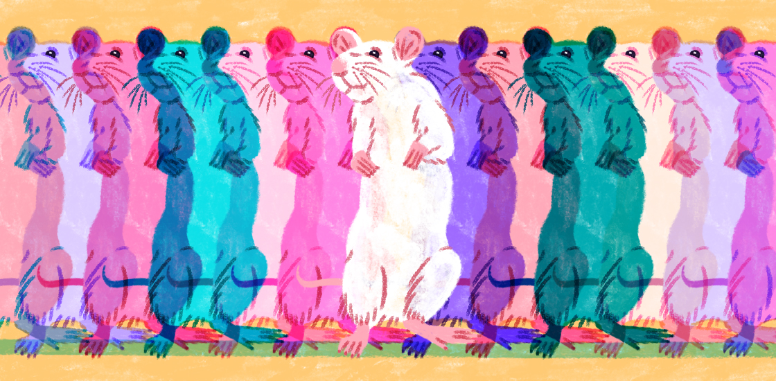 a row of colorful mice standing close together
