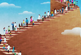 a group of people walking up stairs into the sky