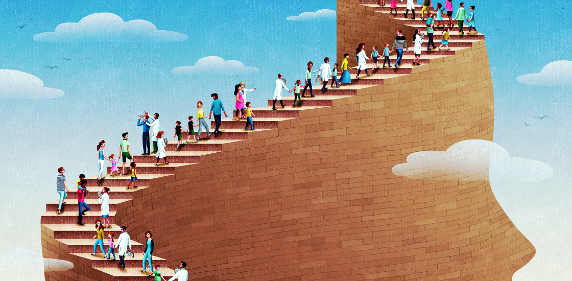 a group of people walking up stairs into the sky